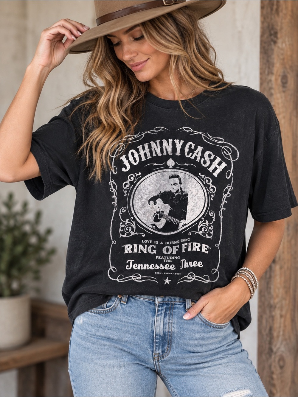 Ash Black Johnny Cash Ring of Fire Graphic Tee